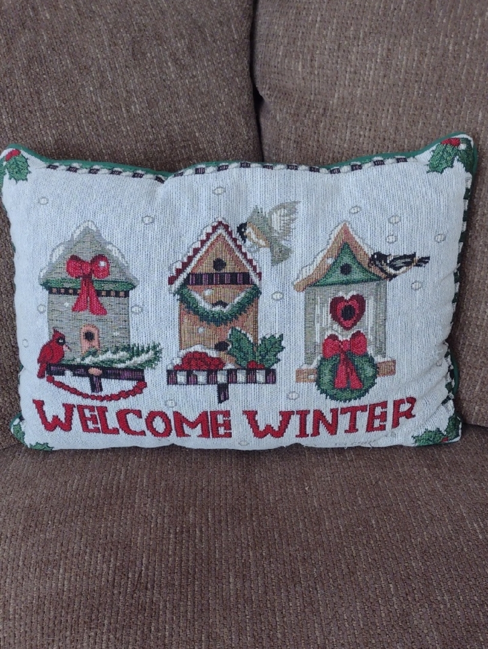 Welcome Winter Birdhouses Cushion 18" Long